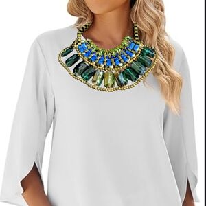 Pam Hiran Chunky Statement Necklace Various Blue Glass Beads Brass Ribbon NWOT